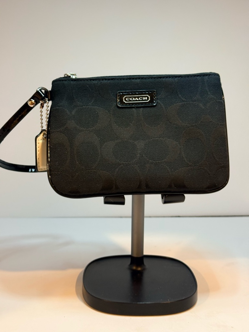 Coach Black Signature Wristlet with Logo Plaque